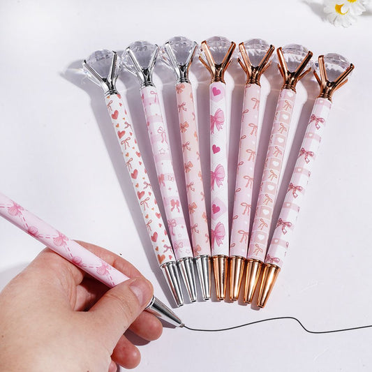 Large Sparkling Diamond Top with Pink Bowtie Prints, Silver & Rose Gold Beadable Pens, Random Mix