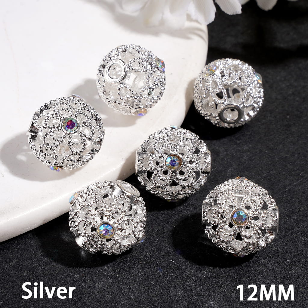 Hollowed Alloy Beads with Flower and AB Rhinestones, 12MM Silver and Gold