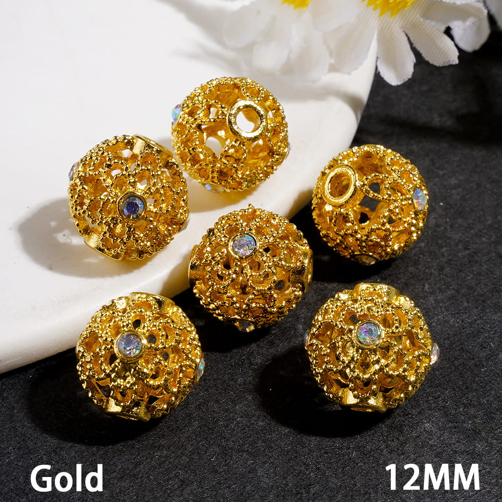 Hollowed Alloy Beads with Flower and AB Rhinestones, 12MM Silver and Gold