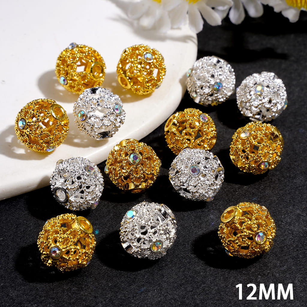 Hollowed Alloy Beads with Flower and AB Rhinestones, 12MM Silver and Gold