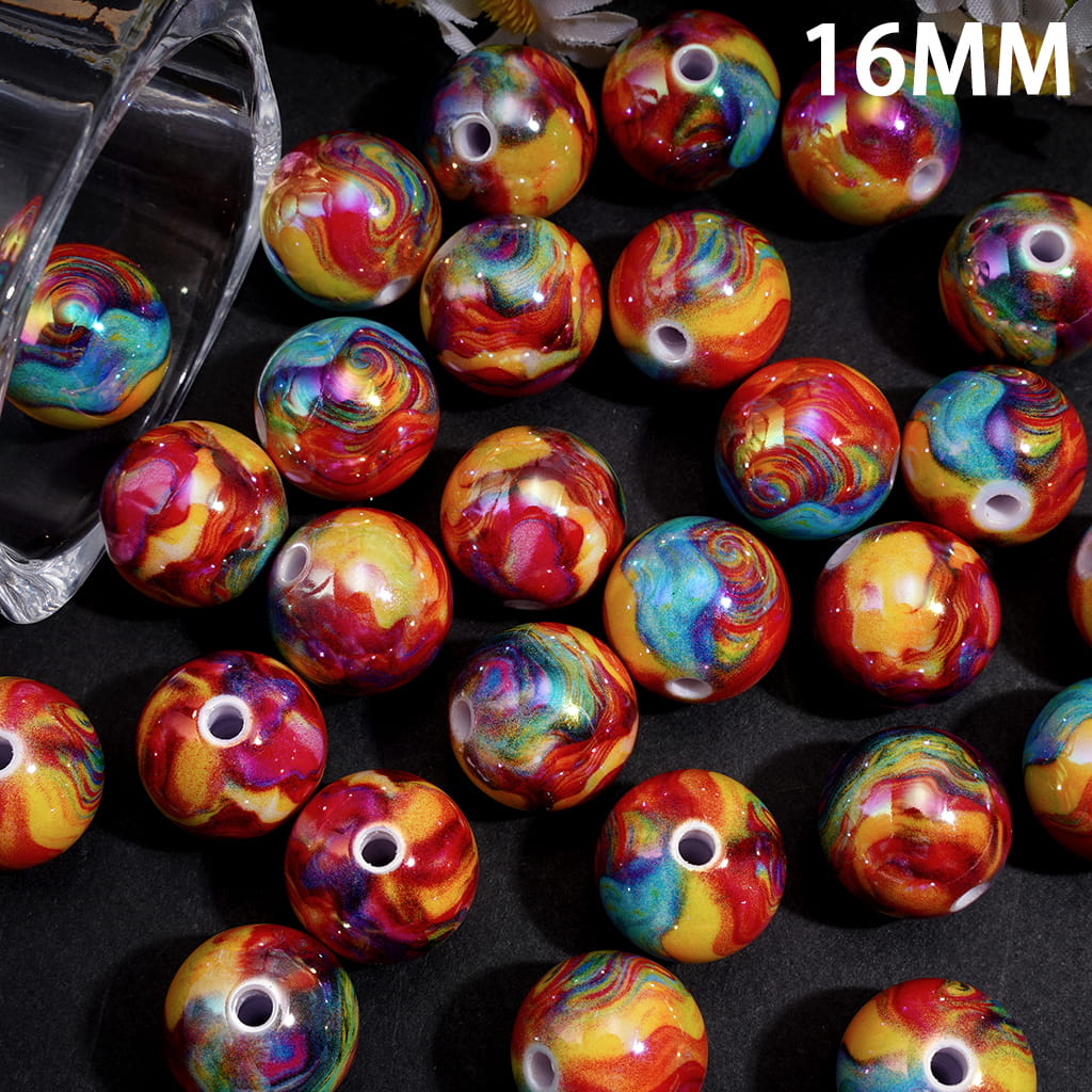 Acrylic Beads for Bracelets UV Coating Colorful Swirl Wavy Patterns, 16MM, Random Mix