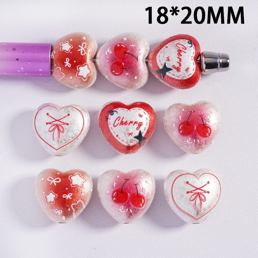 Heart Beads with Prints Star Bowtie & Cherry Design Acrylic Beads 18*20mm Random Mix