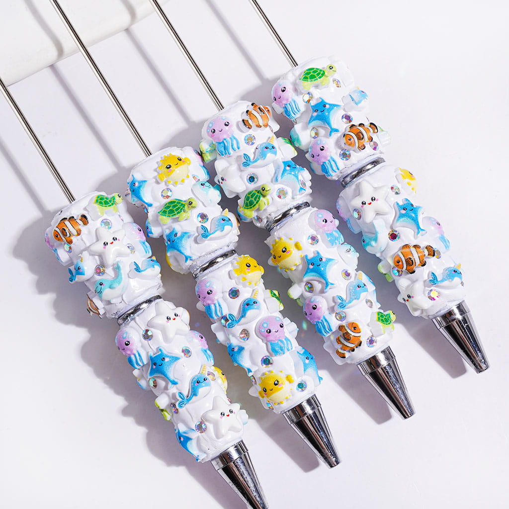 Beadable Clay Pens with Starfish Turtle Fish Dolphin Stingray Pufferfish Jellyfish and AB Rhinestones