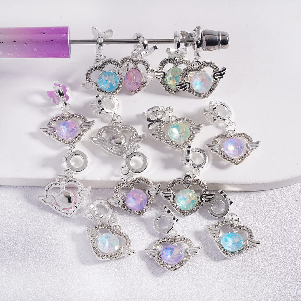Silver Alloy Bail Beads with Butterfly, Heart & Angel Wing Rhinestone Charms Random Mix