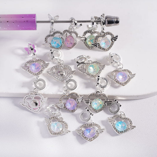 Silver Alloy Bail Beads with Butterfly, Heart & Angel Wing Rhinestone Charms Random Mix