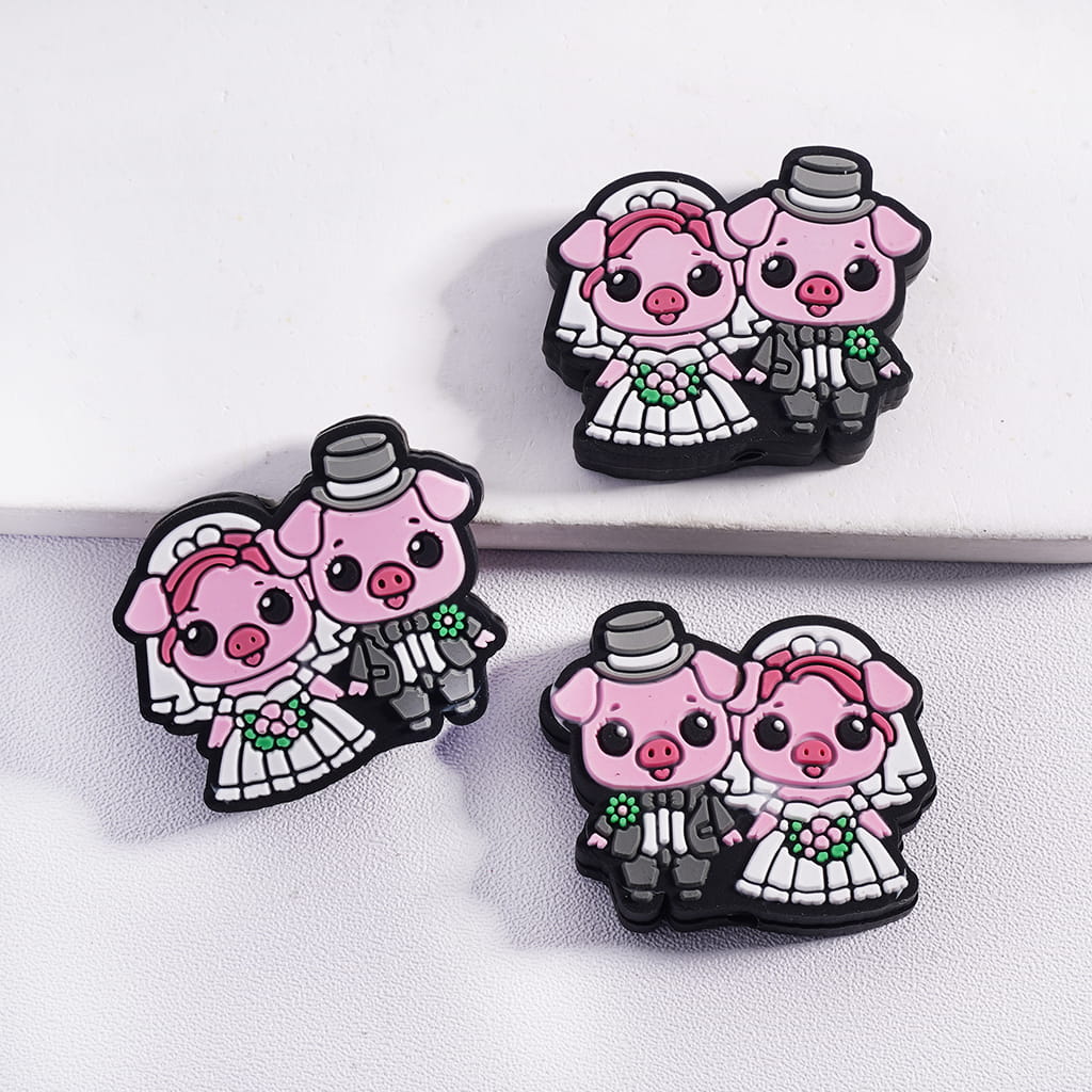Silicone Focal Beads Cute Pink Pig Get Married with Gray Suit and White Wedding Dress