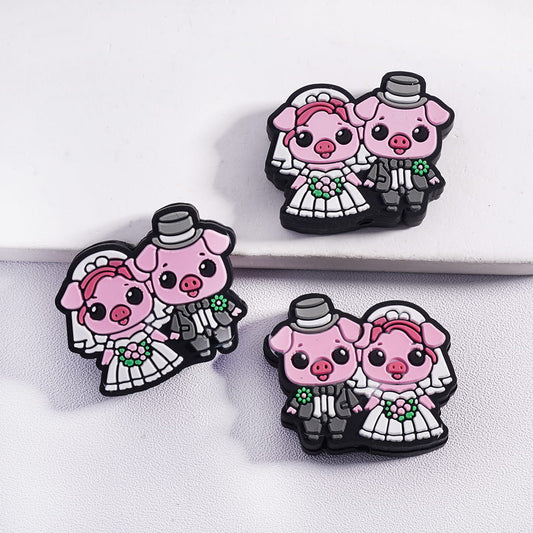 Silicone Focal Beads Cute Pink Pig Get Married with Gray Suit and White Wedding Dress