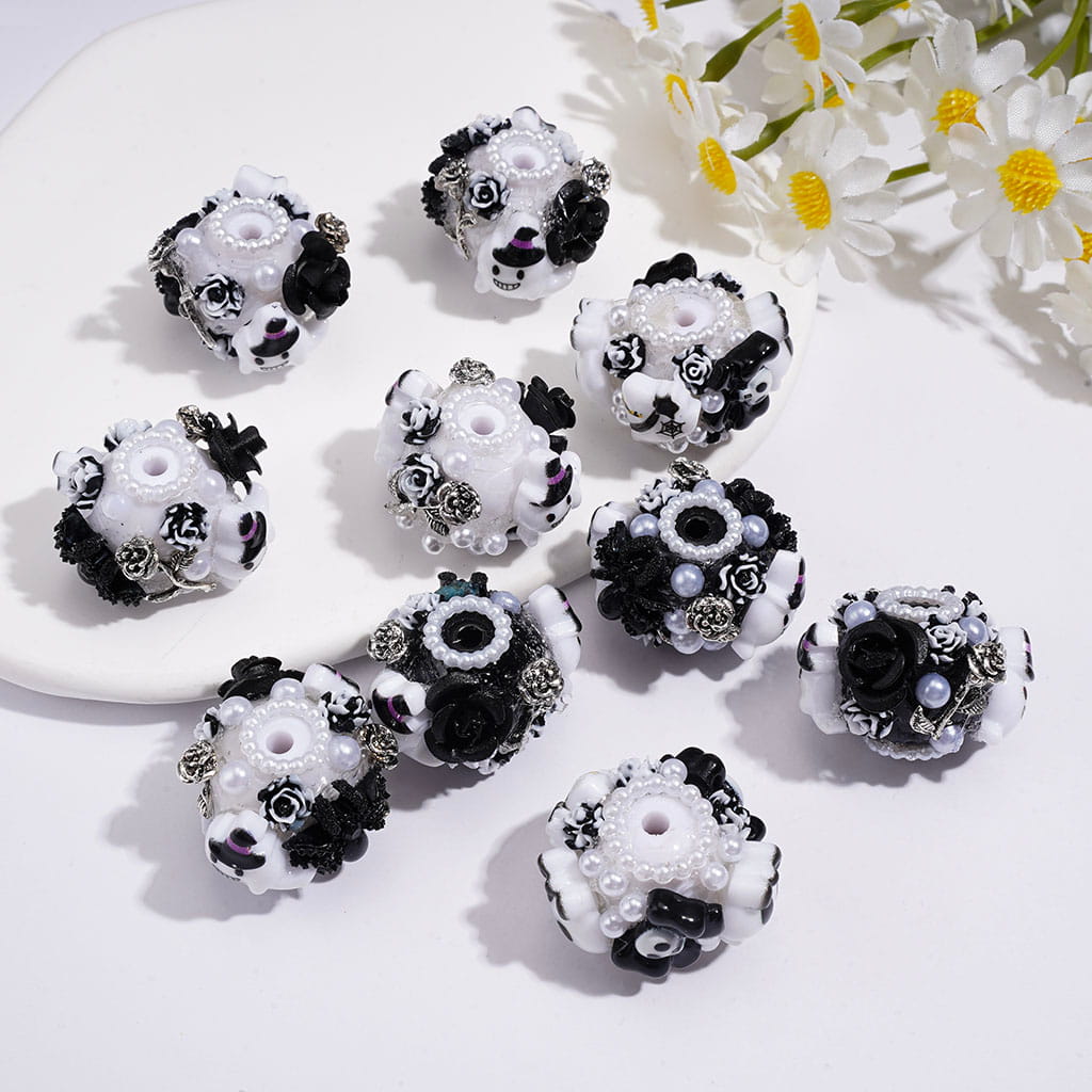 Halloween Black Flowers White Spooky Pearls Acrylic Beads, 23MM, Random Mix
