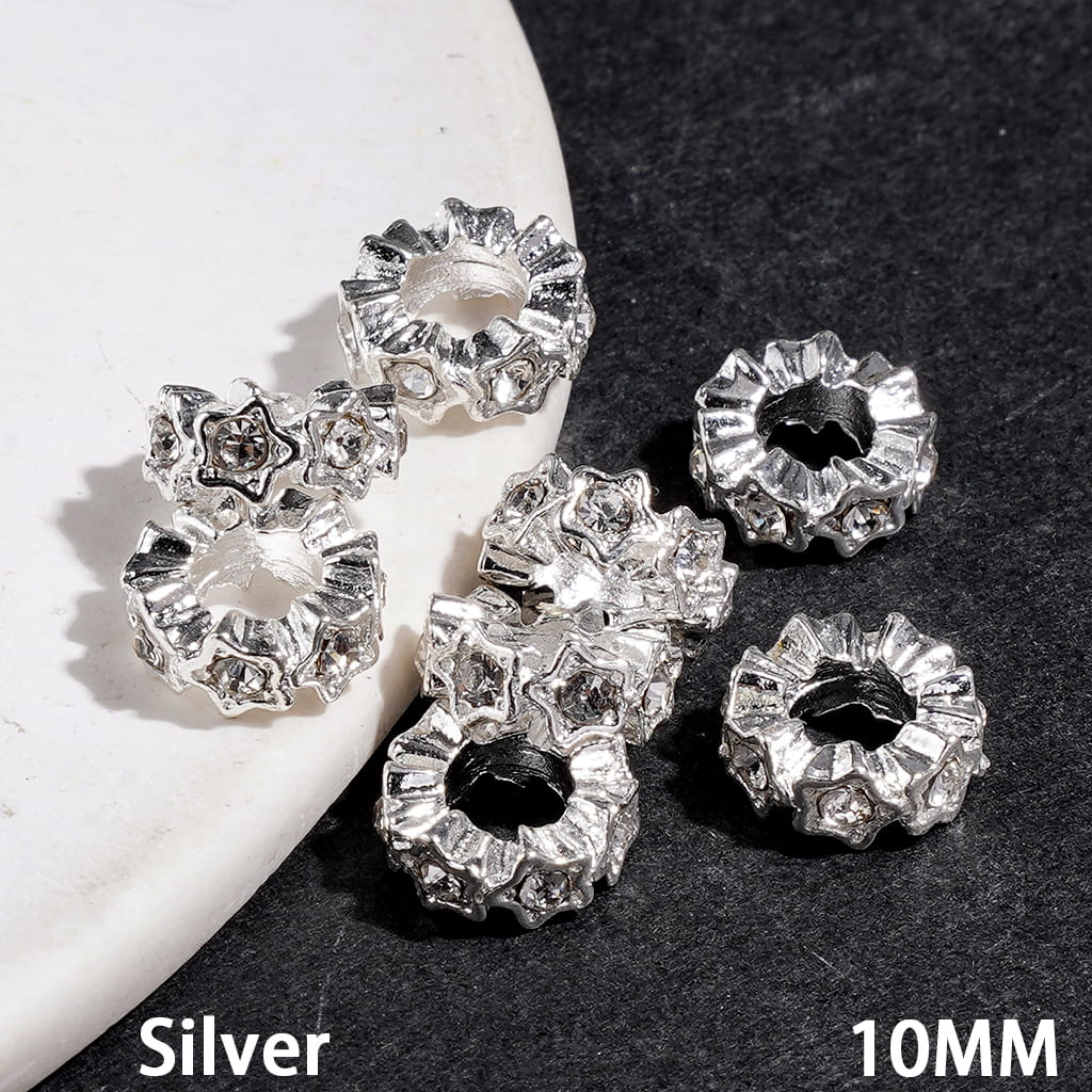 Star Design with Clear Rhinestones Spacer Beads, Large Hole Beads, 10MM, Gold and Silver (The Hole Diameter is Around 5MM)