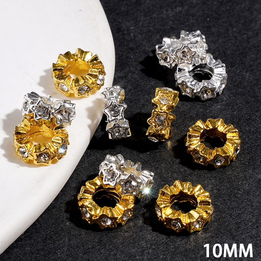 Sparkling Star-Shaped Design with Clear Rhinestones Rhinestone Large-Hole Spacer Beads, 10MM, Gold & Silver, (The Hole Diameter is Around 5MM)