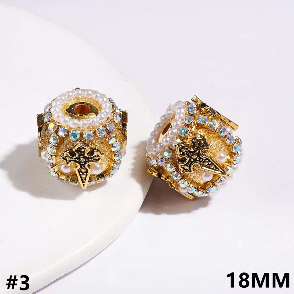 Handmade Acrylic Beads with Cross and Half-Shell White Pearl, AB Rhinestone and White Pearl Chains, 18MM Gold and Gun Black