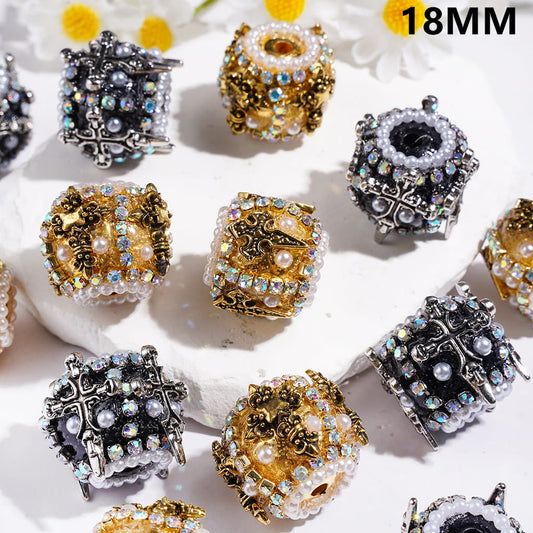 Elegant Gold & Gun Black Cross with Half-Shell White Pearls, AB Rhinestones & White Pearl Chains Handmade Acrylic Beads, 18MM