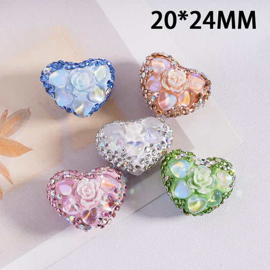 Multicolor Clay Heart Beads with Rose Flowers & Sparkling Rhinestones, 20*24 MM Random Mix