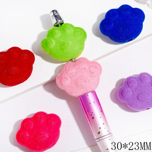Soft Flocked Cat Paw with Fluffy Finish Acrylic Beads, 30*23MM, Multi-Color Random Mix