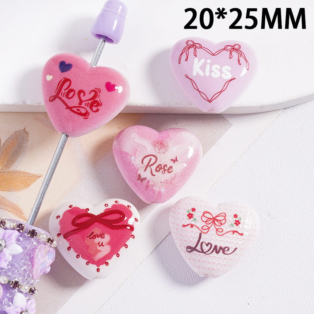 Valentine’s Day Sweet Style Pink Heart with Text, “LOVE ROSE KISS'  Acrylic Beads Random Mix