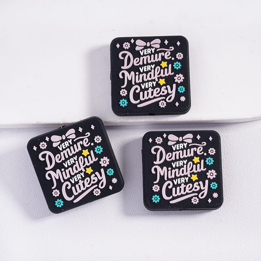 Flat Squares Shape Black Silicone Focal Beads with Text Very Demure, Very Mindful, Very Cutesy” Flower & Star