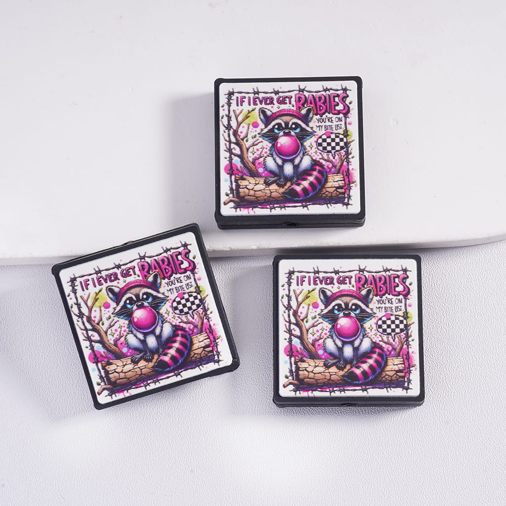 Raccoon Blowing Pink Bubble Funny Flat Squares Silicone Focal Beads