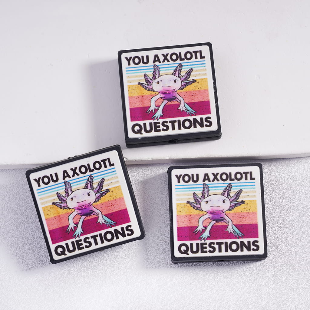 Animal Axolotl with Funny Text Flat Square Design Silicone Focal Beads