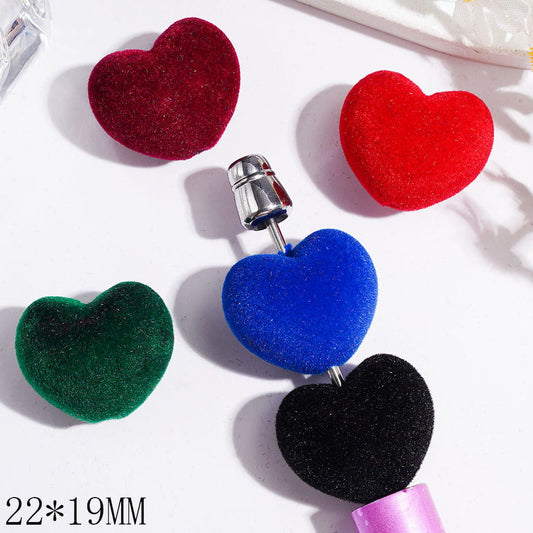 Deep-Tone Color Cozy Flocked Fluffy Heart-Shaped Acrylic Beads, 22*19MM, Multi-Color Random Mix