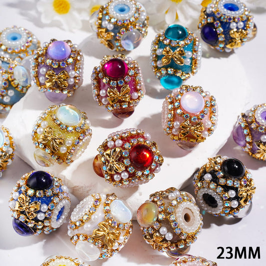 Elegent Gold Bowtie & Half-Face Round & AB Rhinestone Chains with White Pearl Handmade Acrylic Beads , 23MM, Assorted Colors, Random Mix