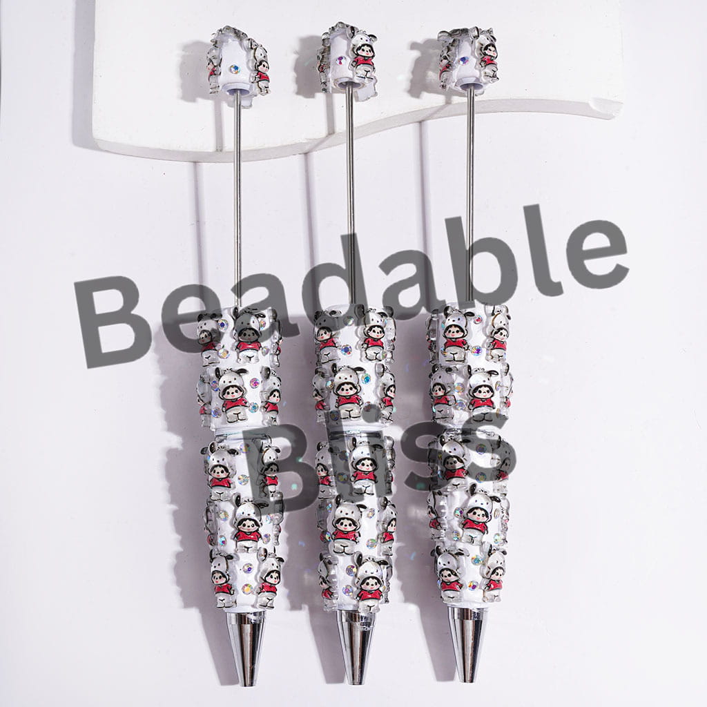 Beadable Clay Pens with Cute Monkey Doll Character Wearing Red Clothes and Dog Hat, AB Rhinestones