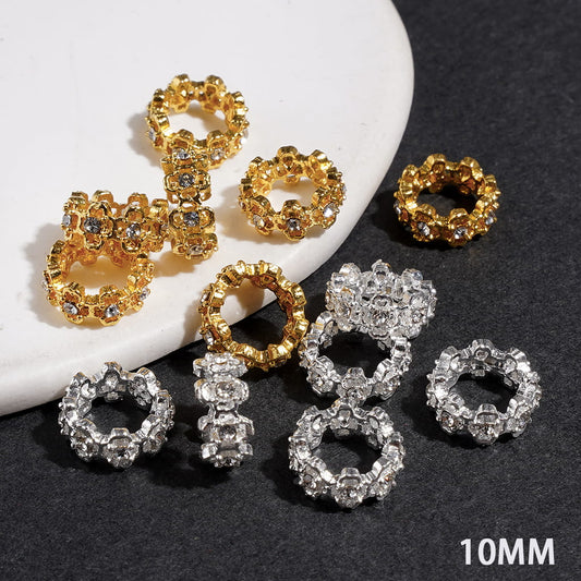 Elegant Hollow Cross Design with Clear Rhinestones Spacer Beads, Big Hole Beads, 10MM, Silver & Gold, (The Hole Diameter is Around 7.5MM)