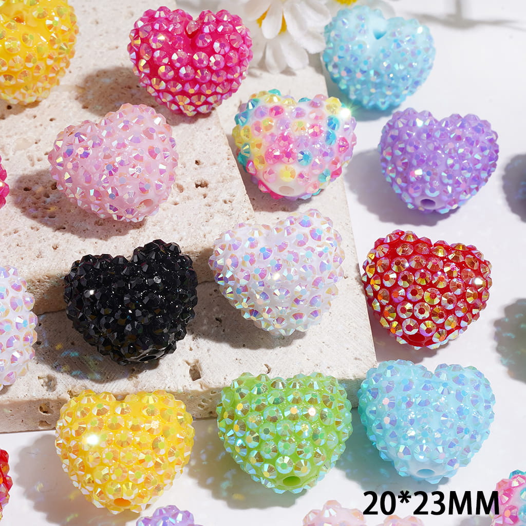 Acrylic Beads Heart with Bling Bling AB Rhinestones, 20*23MM, Multi-Color
