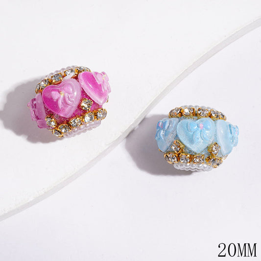 Charming Heart & Bowtie with Clear Rhinestones and White Pearl Chains Handmade Acrylic Beads, 20MM, Multi-Color Random Mix