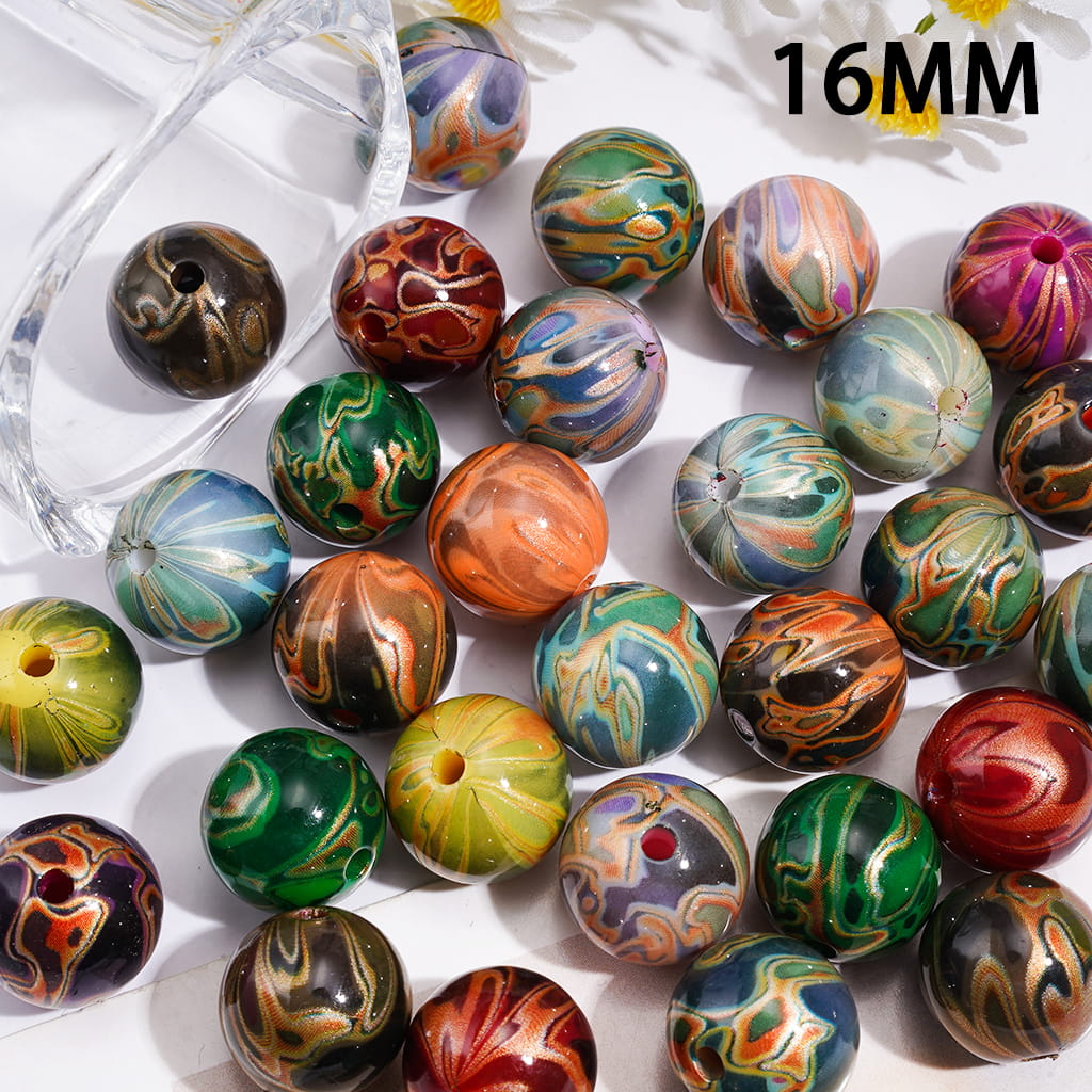 Acrylic Beads for Bracelets with Water Painting Patterns, 16MM, Random Mix