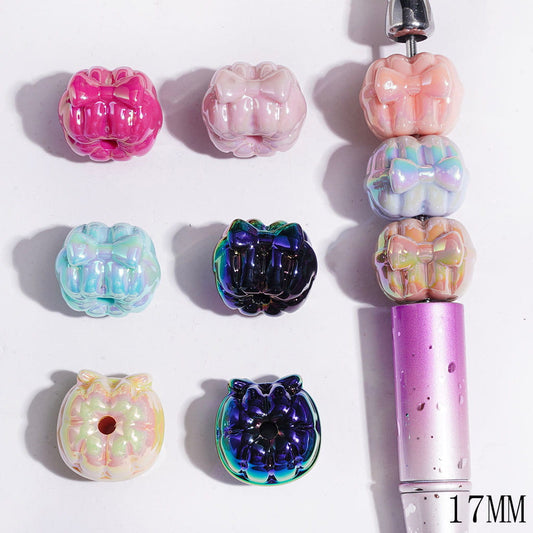 UV-Coated Festive Pumpkin with Bowtie Acrylic Beads, 17MM, Colorful Assorted Designs, Random Mix
