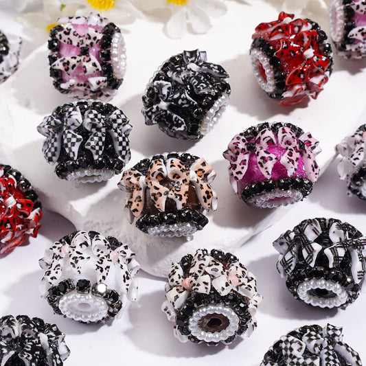 Leopard Bow Design, Black Rhinestone Chain & White Pearl Accent, Handmade Acrylic Beads, 18MM, Assorted Styles, Random Mix