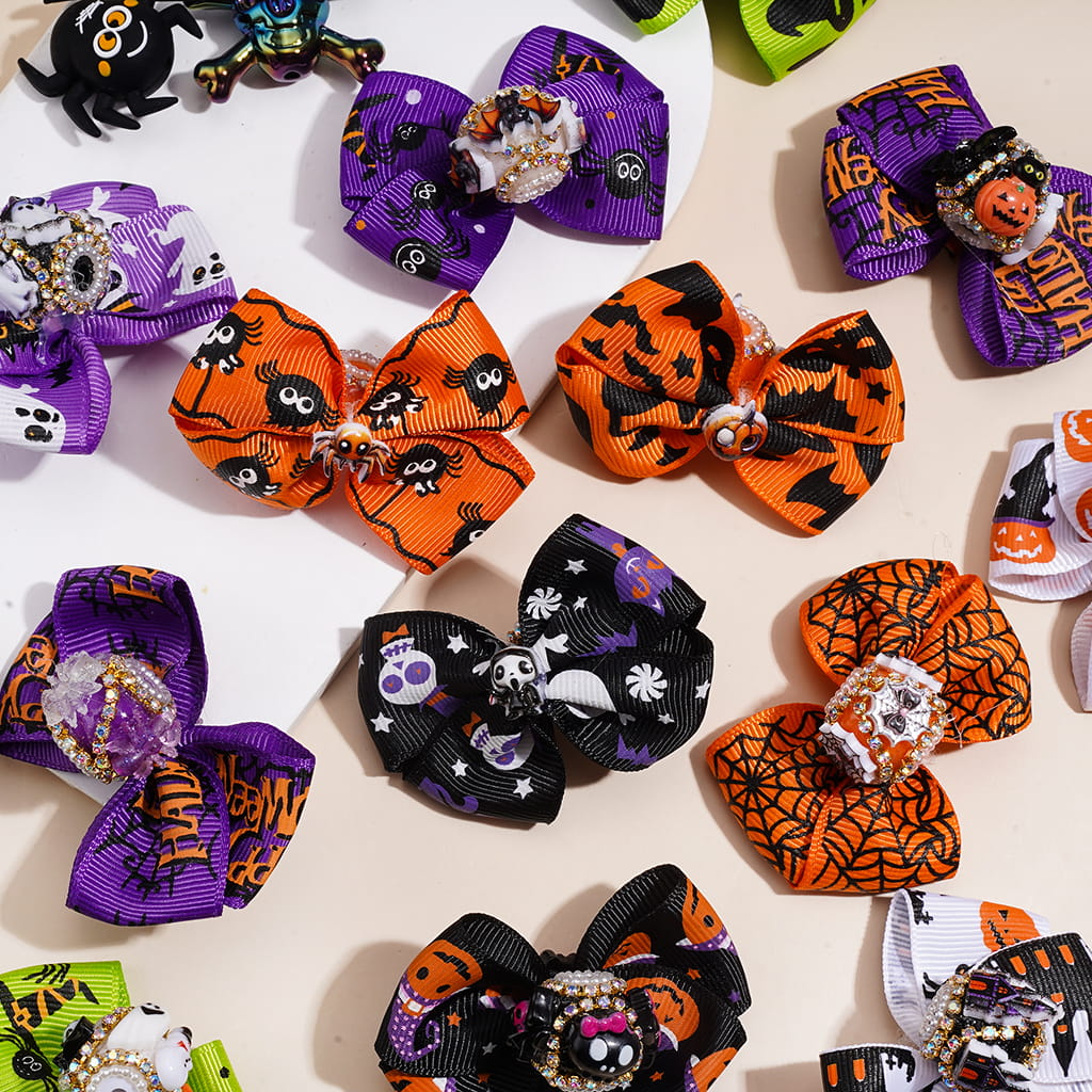 Spooky Halloween Fabric Ribbon Bows & Sparkling Rhinestones, Handmade Acrylic Beads, Assorted Styles