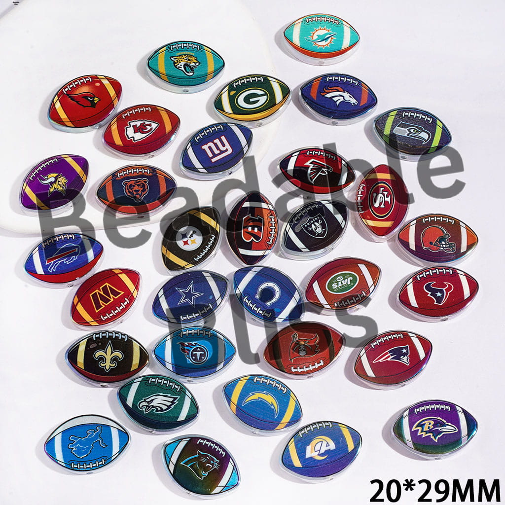 American Football Shape UV Coating Acrylic Beads, Assorted Team, 20*29MM