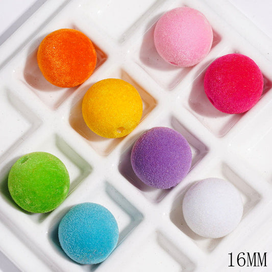 Soft Plush Finish Fluffy Flocked Round Acrylic Beads for Bracelets, 16MM, Assorted Colors, Random Mix