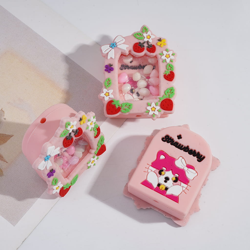 Cute Cat & Strawberry Shaker Pink Letter Designs Box Silicone Beads