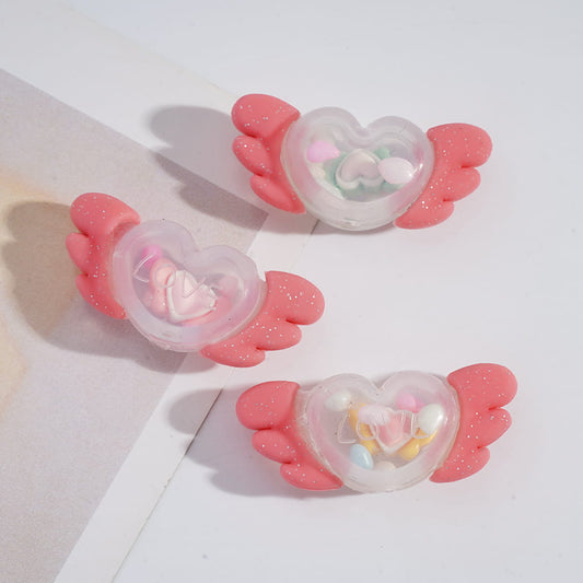 Cute Heart & Pink Sparkle Glitter Wings Embedded Stone Decorations Inside bead Silicone Beads