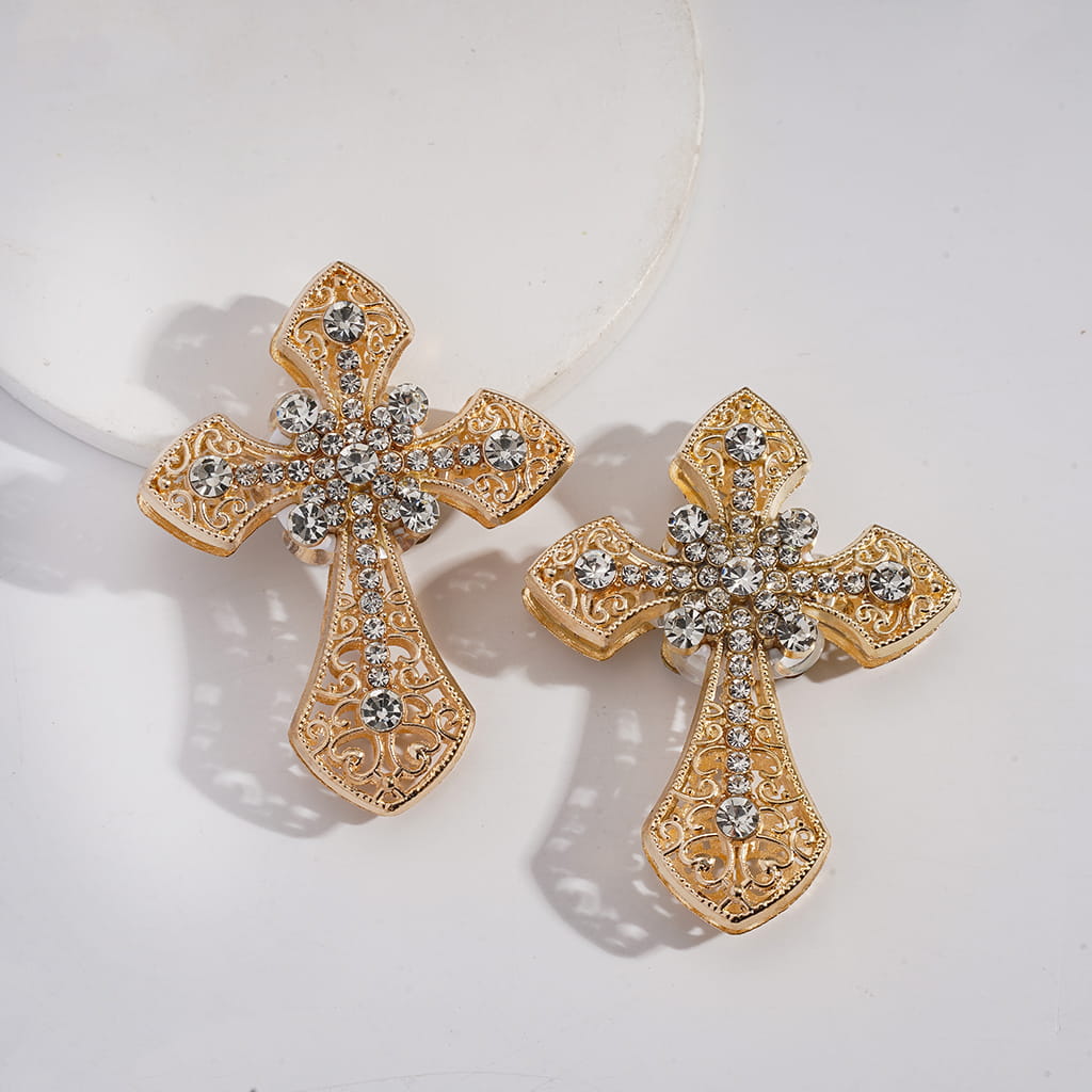 Alloy Cross Floral Scrolls Clay Bead with Clear Rhinestones 55*71MM