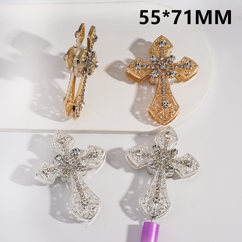 Alloy Cross Floral Scrolls Clay Bead with Clear Rhinestones 55*71MM