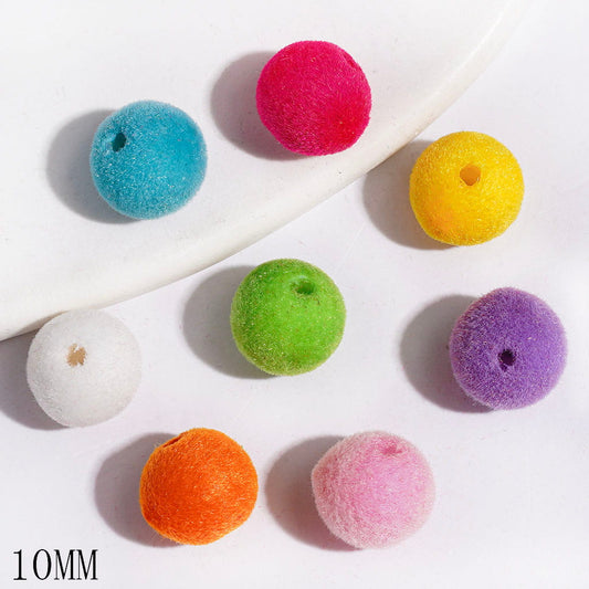 Soft Fluffy Texture Plush Flocked Round Acrylic Beads for Bracelets, 10MM, Assorted Colors, Random Mix