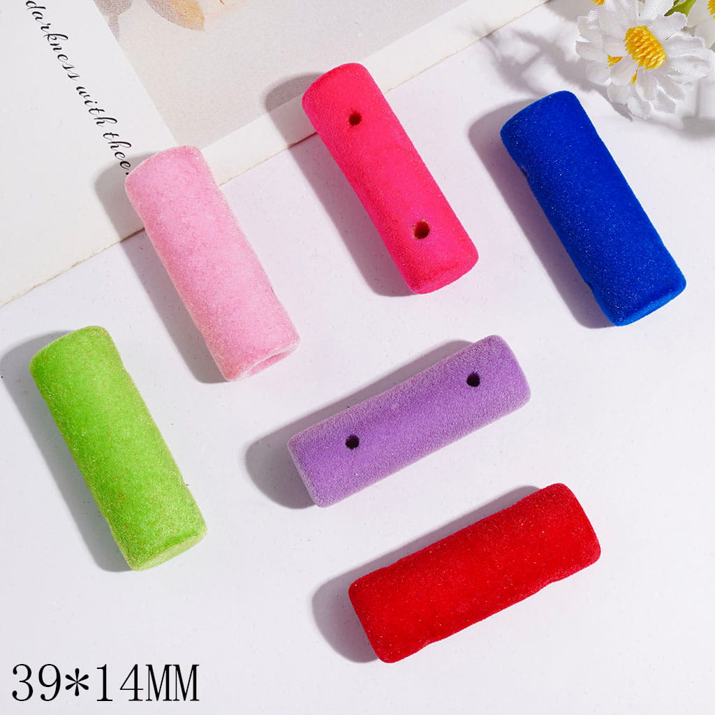 Acrylic Beads Flocked Fluffy Cylinder Shape, 39*14MM, Double Holes, Multi-Color Random Mix