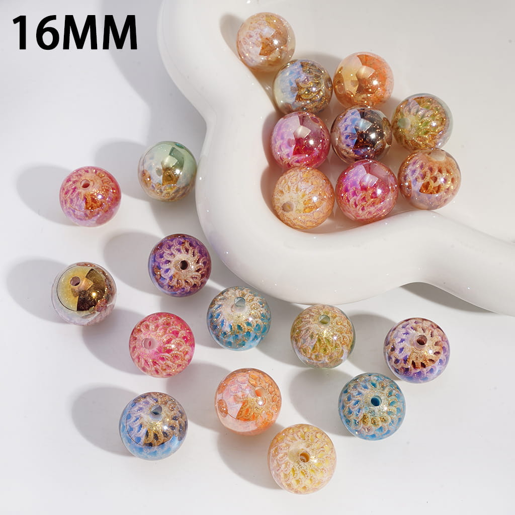 Acrylic Beads for Bracelets UV Coating with Gold Glitter Fish Scale, 16MM, Multi-Color, Random Mix