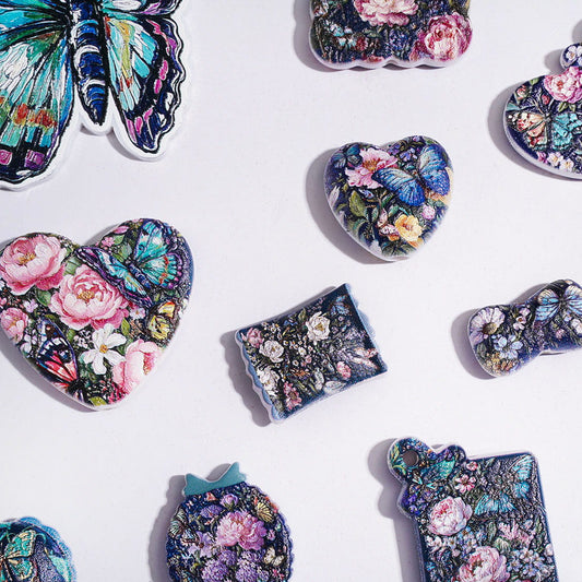 Vintage Oil Painting Butterfly & Flower Designs Assorted Shapes Acrylic Beads and Pendants, Random Mix