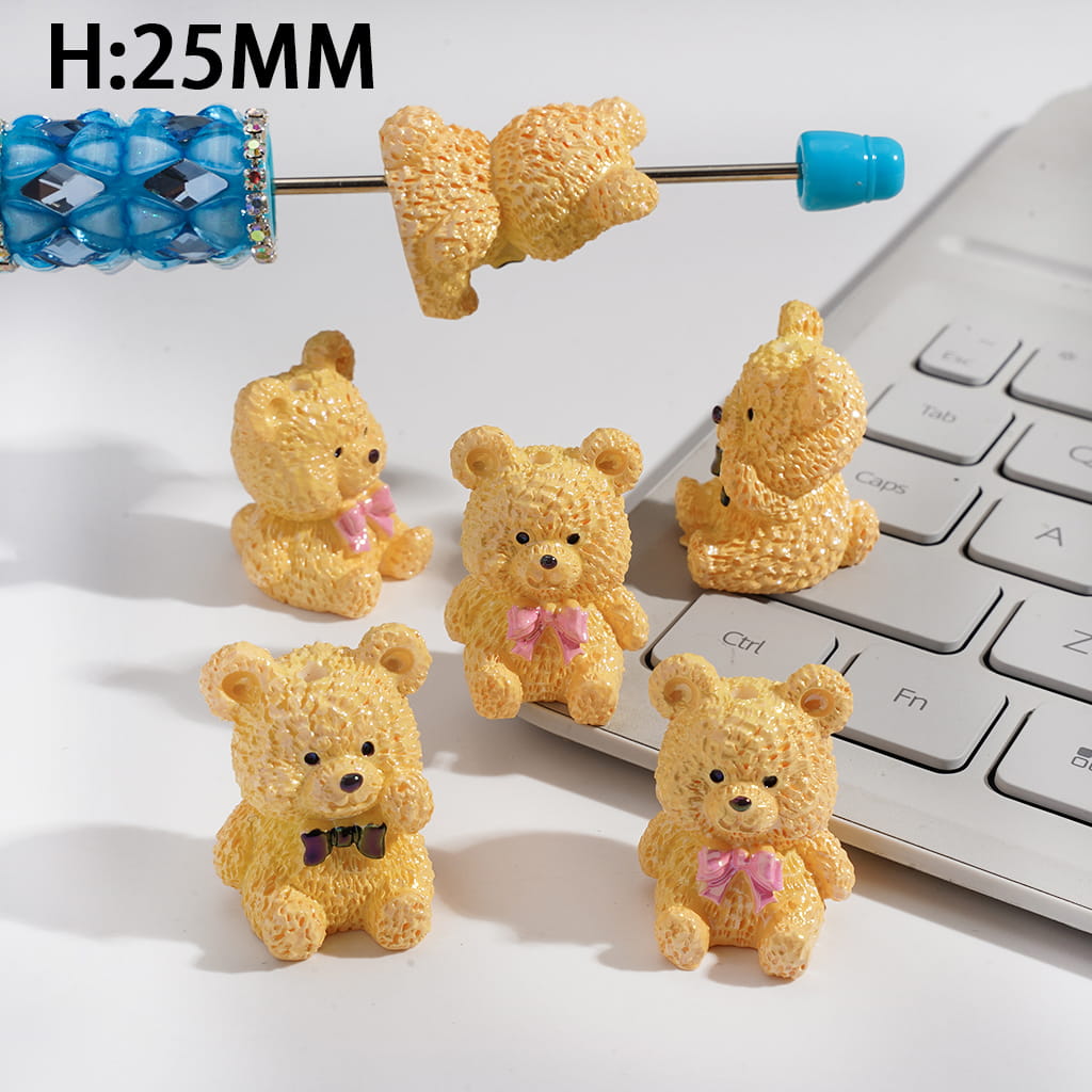 Cute Yellow Bear with Pink & Black Bowtie Acrylic Beads 25MM Random Mix