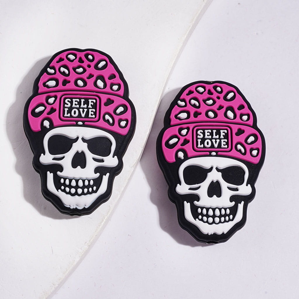 Halloween Theme Skull with Teal Rose Pink Knit Hat Silicone Foacl Beads, 23*36MM