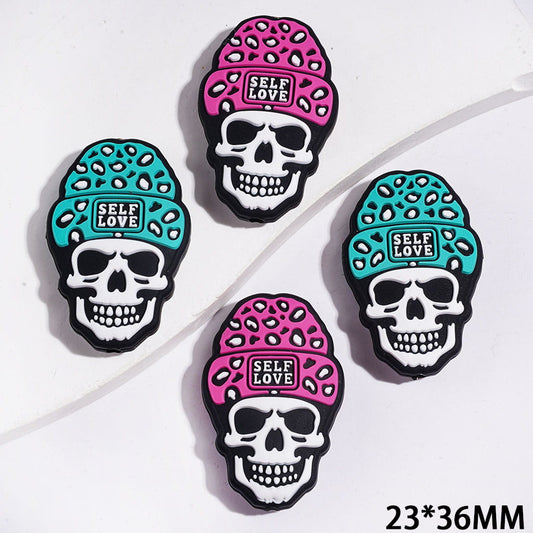 Spooky Skull Design with Teal & Rose Pink Knit Hat Halloween Theme Silicone Focal Beads, 23*36MM