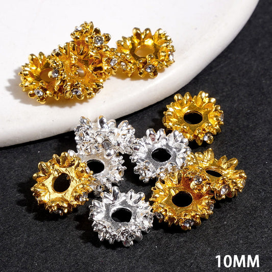 Elegant Floral Sparkle Five-Petal Flower with Clear Rhinestone Metal Spacer Beads, 10MM, Silver & Gold