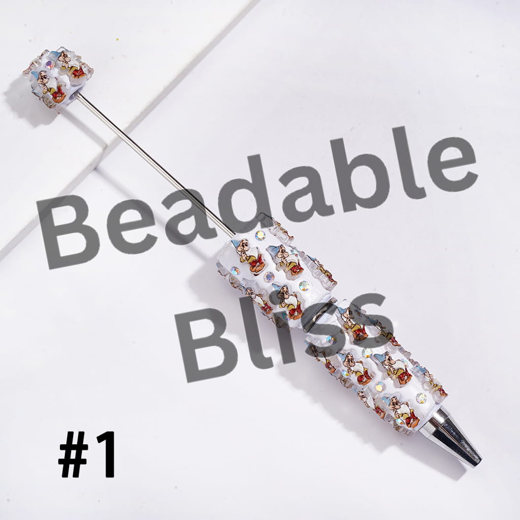 Beadable Clay Pens with White Snow Princess and Seven Gnome Elf Character, AB Rhinestones
