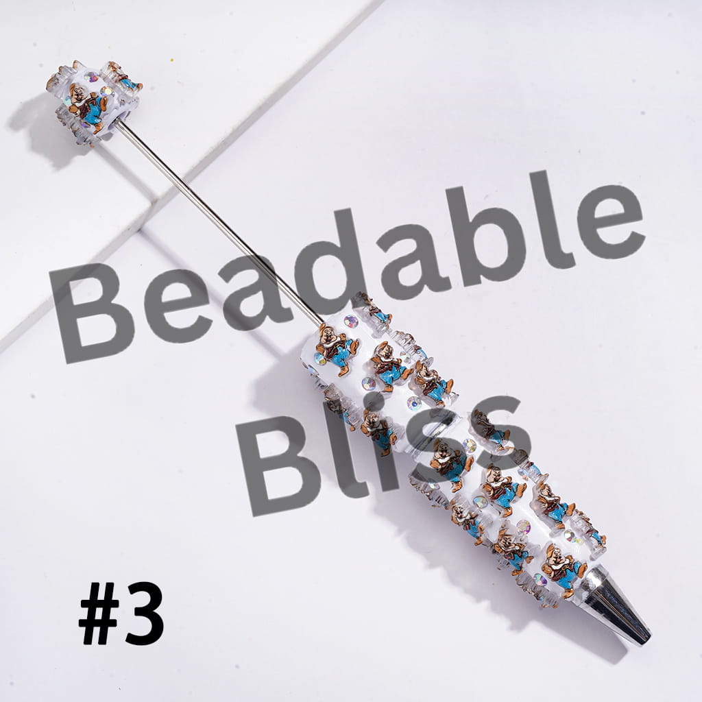 Beadable Clay Pens with White Snow Princess and Seven Gnome Elf Character, AB Rhinestones