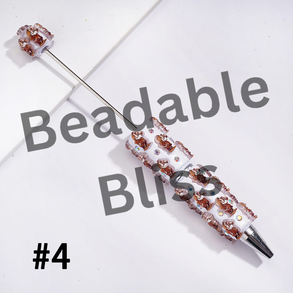 Beadable Clay Pens with White Snow Princess and Seven Gnome Elf Character, AB Rhinestones