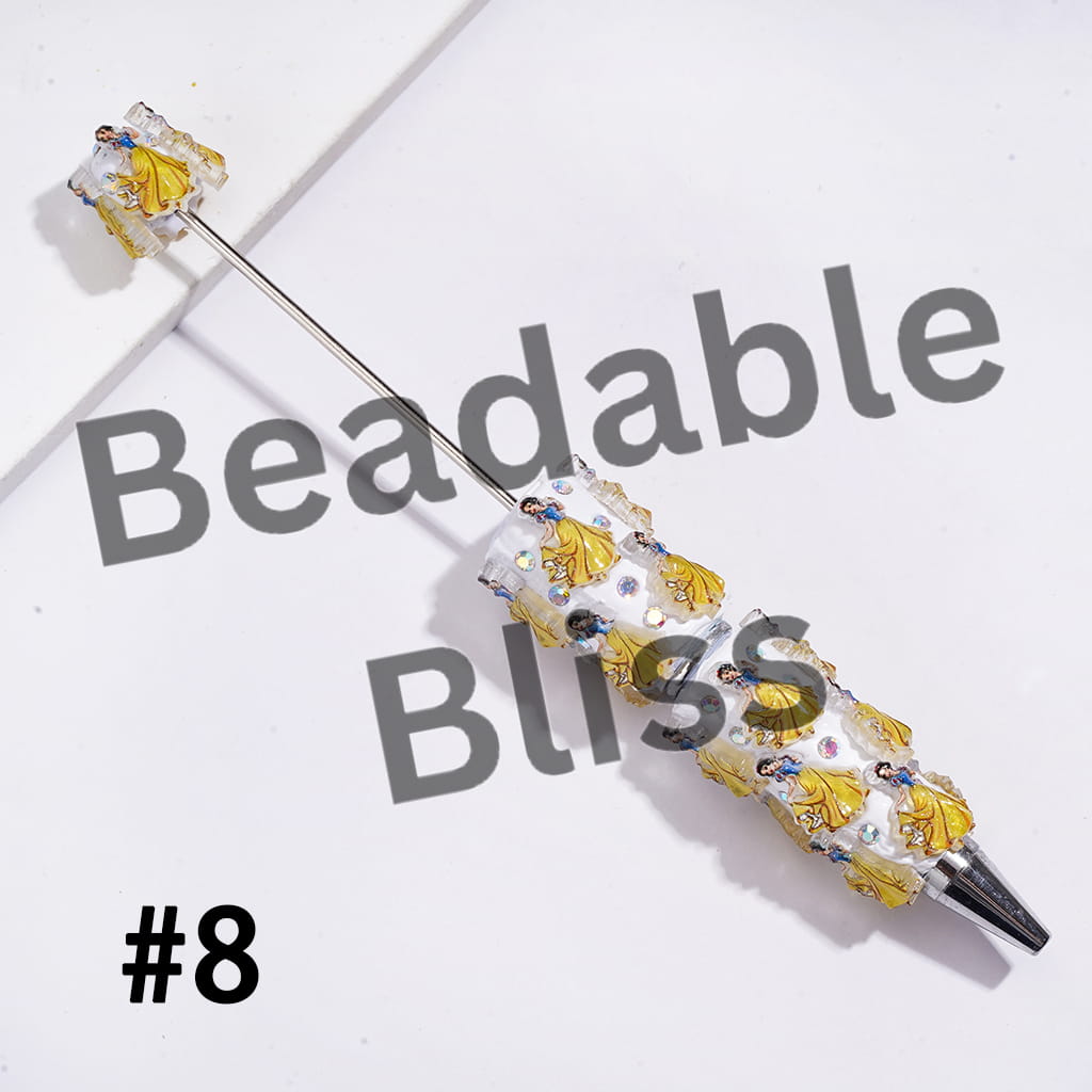 Beadable Clay Pens with White Snow Princess and Seven Gnome Elf Character, AB Rhinestones